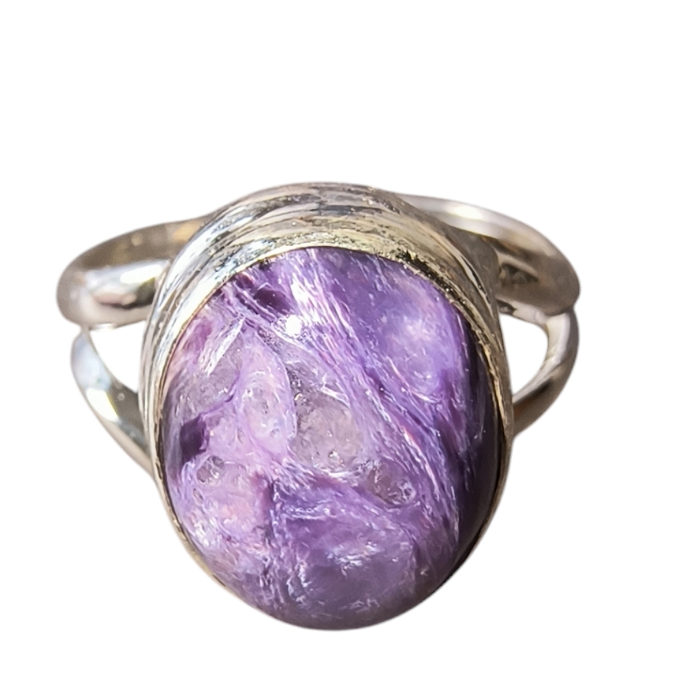 Natural Siberian Charoite & Sterling Silver Split Shank Ring Size 6 1/2
